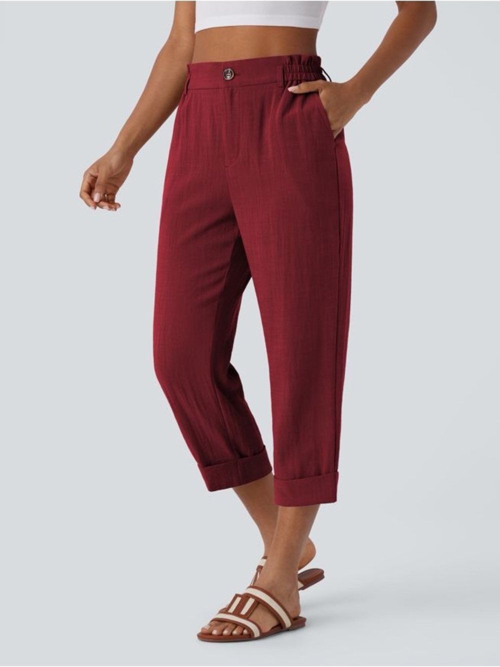 NWT High Waisted Zipper Pocket Cropped Linen-Feel Pants size medium biking red